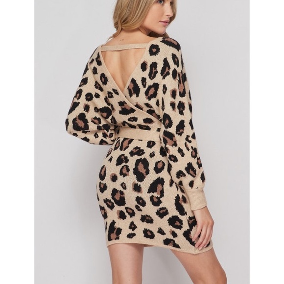 Beige Brown Leopard Print Faux Wrap Sweater Dress - Picture 5 of 6